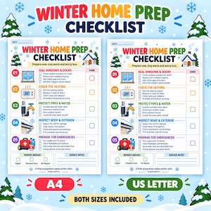Puede incluir: Una lista de control para la preparación invernal del hogar con cinco secciones numeradas para tareas de mantenimiento. El diseño incluye iconos para ventanas, calefacción, tuberías, techos y kits de emergencia con casillas y notas en A4 y US Letter.