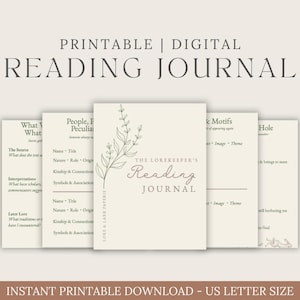 May include: A printable digital reading journal with a beige background and dark text. The cover features a line-art botanical illustration and the title The Lorekeeper's Reading Journal. Interior pages include sections for People, Peculiarities, Motifs, and What We Want. Text includes PRINTABLE | DIGITAL READING JOURNAL and INSTANT PRINTABLE DOWNLOAD - US LETTER SIZE.