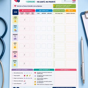 May include: A health tracking planner sheet titled MON PLANNING SANTÉ with sections for blood pressure, blood glucose, medication, and daily notes. The layout includes rows for days of the week, weekly goals, health reminders, and a mood tracker.
