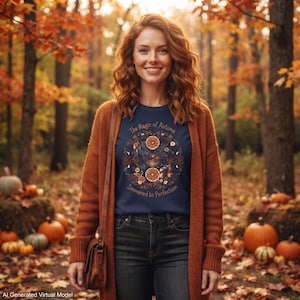 Può includere: Una t-shirt blu navy con una grafica circolare di fette d'arancia, spezie e una pentola, circondata dal testo The Magic of Autumn Simmered to Perfection, indossata sotto un lungo cardigan in maglia color arancio bruciato e jeans scuri.