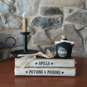 Handmade Halloween book display, potions bottle, Halloween witch props, decoration,spells, potions, poisons book stack, image 1