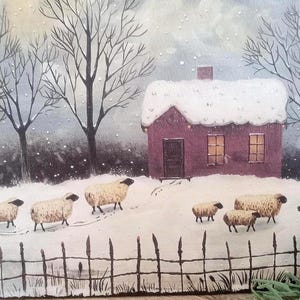 primitive folk art print, sheep in snow, winter decor,