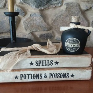 Handmade Halloween book display, potions bottle, Halloween witch props, decoration,spells, potions, poisons book stack, image 4