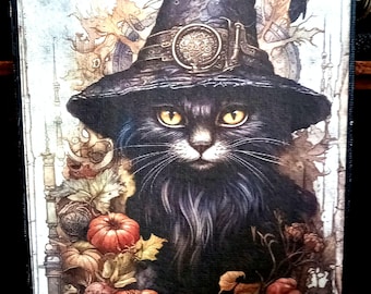 Halloween black cat decor, canvas art print, wall or shelf sitter, country primitive Halloween witch hat cat