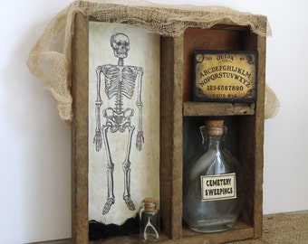 creepy Halloween, spooky haunted, Halloween prop, skeleton bones graveyard, Ouija board, spell bottles, one of a kind unique Halloween decor