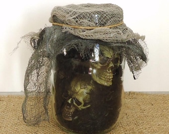 Halloween bottle, haunted house prop, shrunken skulls shrunken heads, spooky, Gothic, Halloween apothecary, witches kitchen