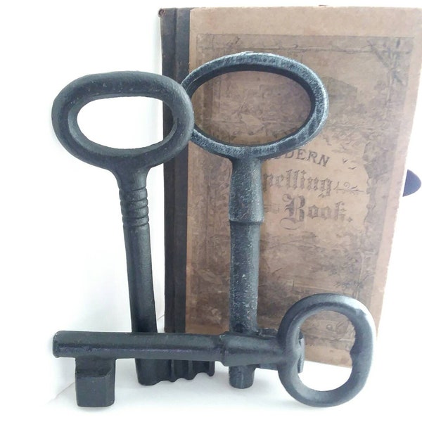 Skeleton Keys, large decorative iron keys set of 3, assemblage salvage art, goth Halloween, primitive