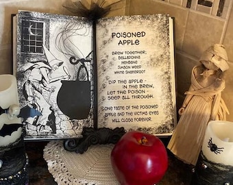 Poisoned Apple spell, snow white witch spell book Halloween party decor, Haunted House Prop, snow white party apple, reclaimed book, unique