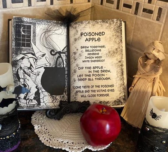 Poisoned Apple spell, snow white witch spell book Halloween party decor, Haunted House Prop, snow white party apple, reclaimed book, unique