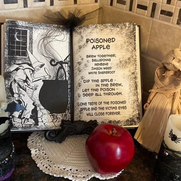 Poisoned Apple spell, snow white witch spell book Halloween party decor, Haunted House Prop, snow white party apple, reclaimed book, unique