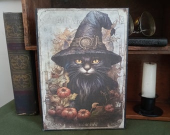 Cat in Witch hat Halloween decor, canvas art print, wall, shelf sitter, cute small gift, country primitive vintage Halloween witches cat
