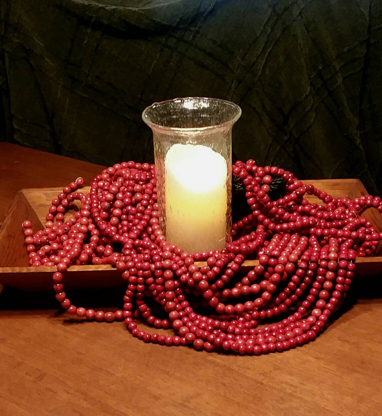 Vintage Christmas decor, 9 ft. Red Wood Bead Garland, Country primiti…