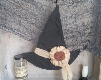 Witch hat, door hanger, wreath attachment, peg hanger, wall decor black witch hat, wiccan home primitive, cottage core rustic,