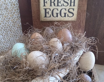 Primitive egg basket, spring decorations, realistic faux Chicken eggs, handmade farmhouse decor, chickens, Easter basket