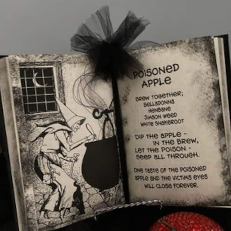 Poisoned Apple spell, snow white witch spell book Halloween party decor, Haunted House Prop, snow white party apple, reclaimed book, unique image 3