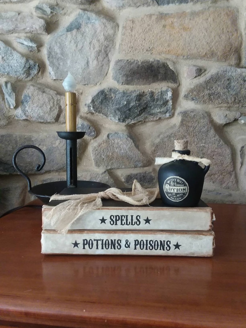 Handmade Halloween book display, potions bottle, Halloween witch props, decoration,spells, potions, poisons book stack, image 1