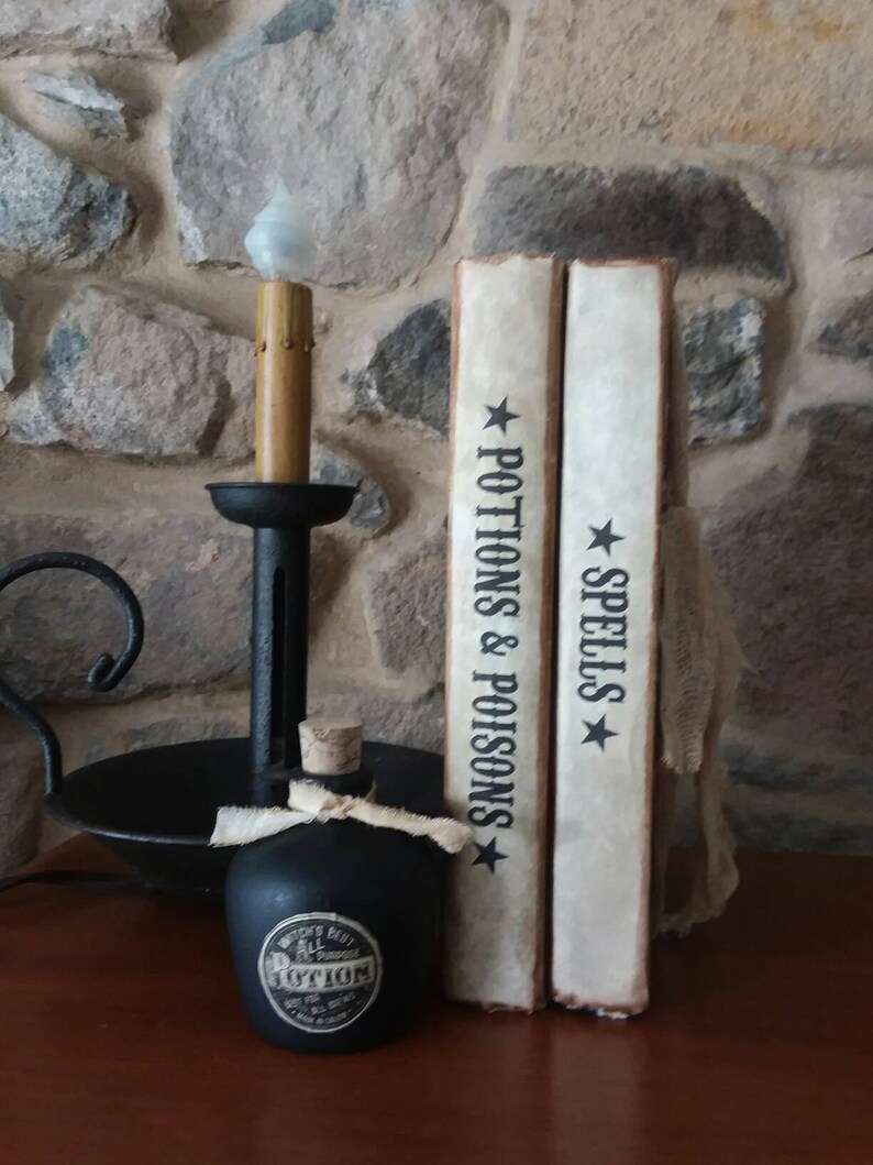 Handmade Halloween book display, potions bottle, Halloween witch props, decoration,spells, potions, poisons book stack, image 2