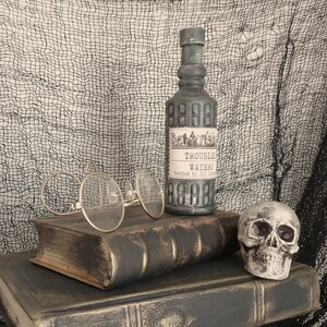 May include: A vintage-style scene featuring a gray bottle labeled "Trouble Waters" with a decorative label, a pair of round eyeglasses, a skull, and two antique books. The background is a black and white mesh.