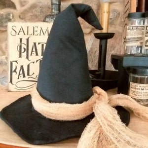 Black witch hat, handmade primitive Halloween decor Witches hat, Wicca, ready to ship witch party display