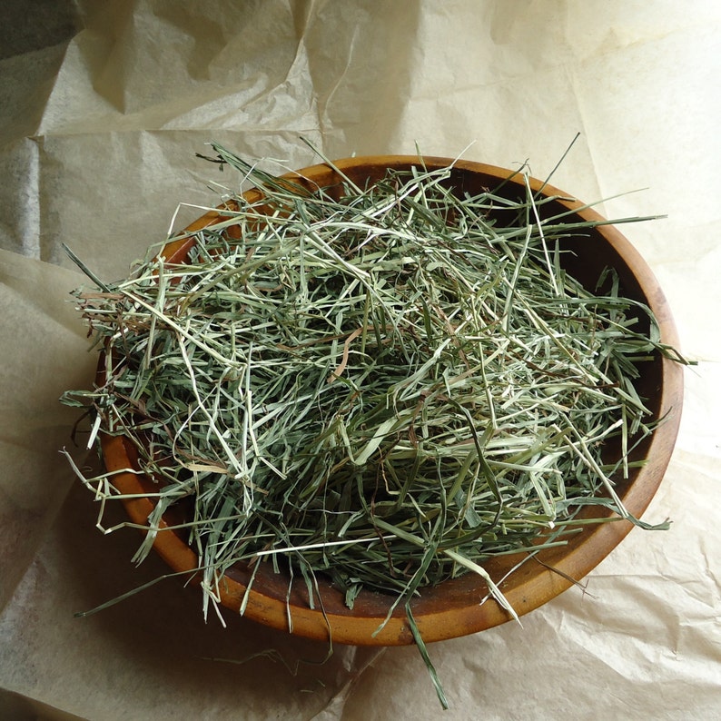 May include: A wooden bowl filled with dried green grass, perfect for small animal bedding or crafting.