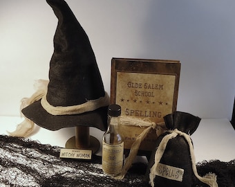 Witch display, hat with spell bag spell book, spell bottle, haunted, wicca, party decor, photo props, Halloween Decor