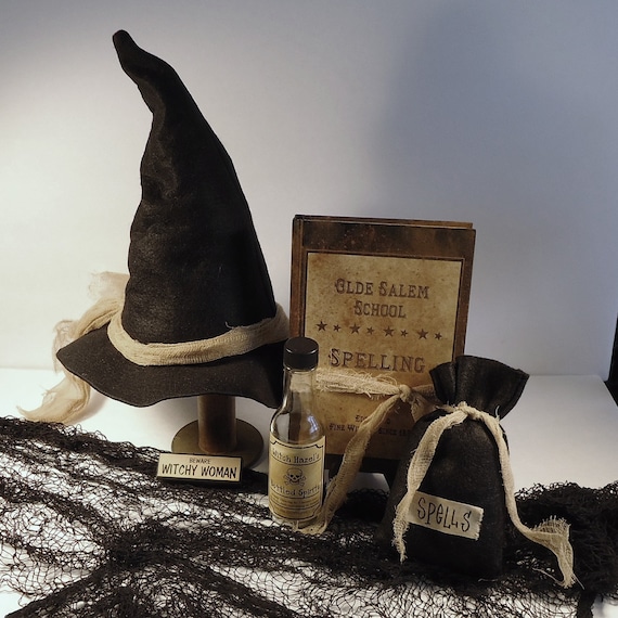 Witch display, hat with spell bag spell book, spell bottle, haunted, wicca, party decor, photo props, Halloween Decor