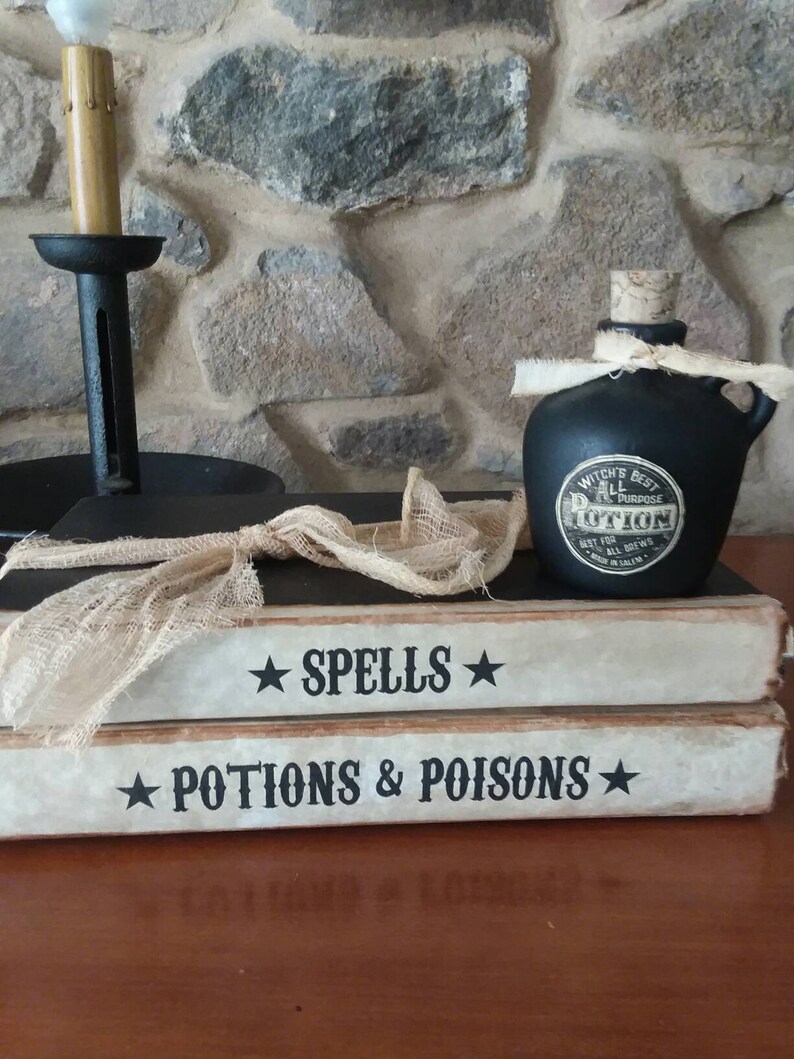 Handmade Halloween book display, potions bottle, Halloween witch props, decoration,spells, potions, poisons book stack, image 9