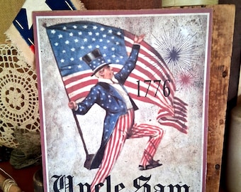 Primitive Uncle Sam Advertising Sign, Americana Plaque, Patriotic 4th of July Decor, Vintage Style Wall Art, Rustic Farmhouse Accent