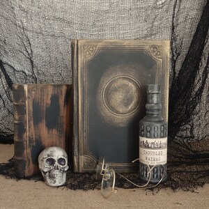 May include: A still life arrangement featuring a skull, antique books, and a bottle labeled "Troubled Waters by Ill Intentions." The books are black and gold, and the bottle is dark gray. A pair of round eyeglasses rests in front of the bottle.