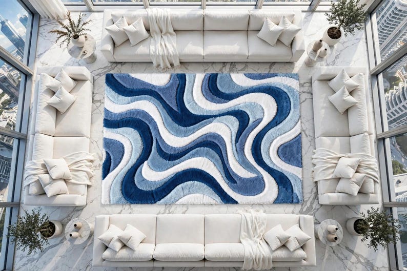 Blue Wavy Pattern Rug Blue Wave Shag Area Rug 8x10 - Abstract Ocean Wavy Rug Retro 70s ...