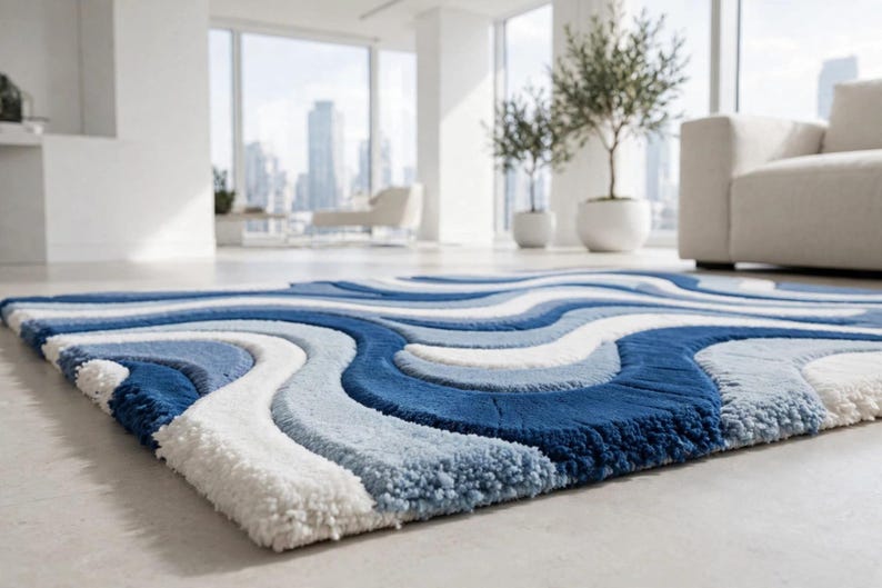 Blue Wavy Pattern Rug Blue Wave Shag Area Rug 8x10 - Abstract Ocean Wavy Rug Retro 70s ...