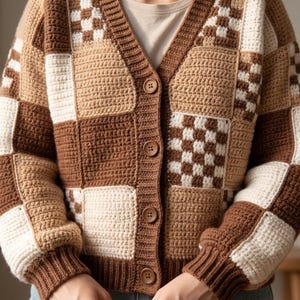 Häkelanleitung für eine karierte Strickjacke, karierte Jacke, Patchwork-Pullover (Digitaler Download)