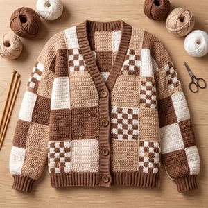 May include: A long-sleeve crochet cardigan featuring a patchwork design of solid and checkered squares in shades of brown, beige, and white. The garment has a V-neckline, a ribbed hem and cuffs, and is fastened with four brown buttons down the front.