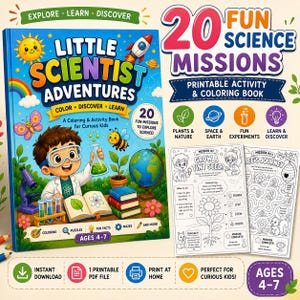 Op de afbeelding: Een Little Scientist Adventures kleur- en activiteitenboek voor kinderen van 4-7 jaar met 20 wetenschappelijke missies. De kaft toont een kind in een laboratoriumjas met een microscoop, wereldbol en reageerbuisjes voor thuisgebruik.
