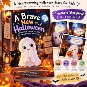 Può includere: Un libro di storie stampabile intitolato A Brave New Halloween con un fantasma bianco e un gatto nero sulla copertina. Il libro include illustrazioni di zucche, foglie autunnali e una luna piena. Il testo include A Heartwarming Halloween Story for Kids.