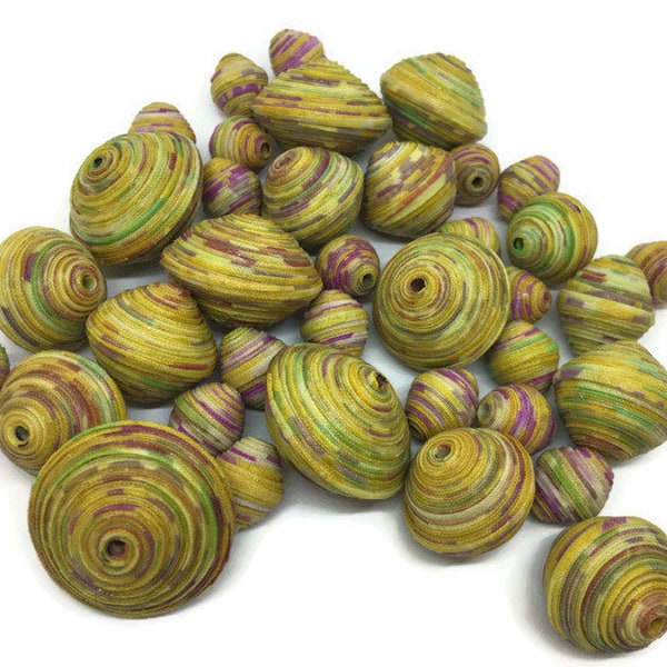 Mixed Lot of Beads Fabric Beads Textile Beads Fiber Beads Yellow Multicolored Beads Handcrafted Multiple Size Bicone Shape Unique Fiber Bead