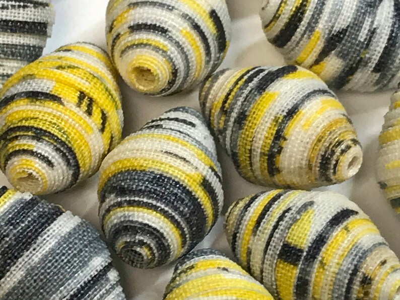 Fabric Beads Textile Beads Fiber Beads Yellow Black White and Gray Multicolored Beads Handmade Beads Diamond Bicone Shaped Unique Fabric 2cm image 3