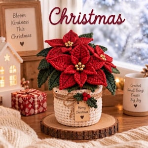May include: A crocheted poinsettia plant with vibrant red petals and dark green leaves, potted in a textured cream-colored crocheted basket. The pot is decorated with a jute twine bow, a small sprig of holly, and a wooden tag labeled Merry Christmas.