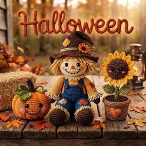 May include: A crochet scarecrow doll wearing a brown hat and blue overalls, a crochet pumpkin with a smiling face, and a crochet sunflower in a brown pot. The word Halloween is written in brown cursive text above the items on a wooden surface.