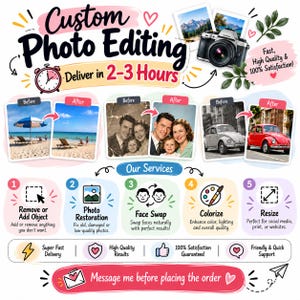 Puede incluir: Un gráfico digital que promociona servicios de edición de fotos personalizada con el texto Custom Photo Editing Deliver in 2-3 Hours. Muestra ejemplos de antes y después de restauración, colorización y eliminación de objetos, y cinco iconos.
