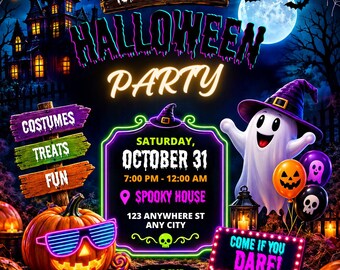 Puede incluir: Un folleto de invitación a una fiesta de Halloween con una casa encantada, un fantasma con sombrero de bruja morado y una calabaza con gafas de sol de rejilla azul neón. El texto incluye You're Invited To A Halloween Party, Saturday, October 31, 7:00 PM - 12:00 AM, Spooky House, 123 Anywhere St, Any City y Come If You Dare!