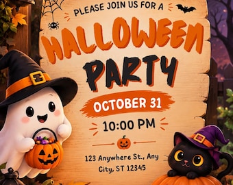 Puede incluir: Un letrero de madera para una fiesta de Halloween el 31 de octubre a las 22:00 en 123 Anywhere St., Any City, ST 12345. El letrero muestra un fantasma con sombrero de bruja, un gato negro con sombrero de bruja sobre una calabaza y calabazas.