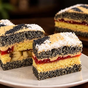 Puede incluir: Varias rebanadas rectangulares de pastel en capas con bizcocho de semillas de amapola, bizcocho amarillo, una capa de gelatina de frutas roja brillante y un relleno de crema color canela. La parte superior está decorada con semillas y coco.