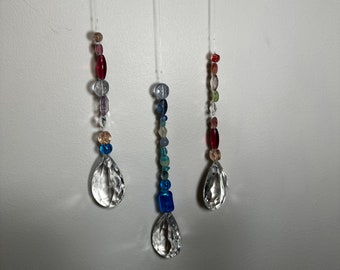 3 Teardrop Crystal Chandelier, Sparkling Crystals, Blue, Rose, Clear Glass Beads, Shinny Bling, Sun Catcher Hang in Window Made in USA