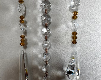 3 Crystals Chandelier, with Gold Iridescent beads, shiny bling, and a metal cross to enjoy or use as supplies. Made in USA