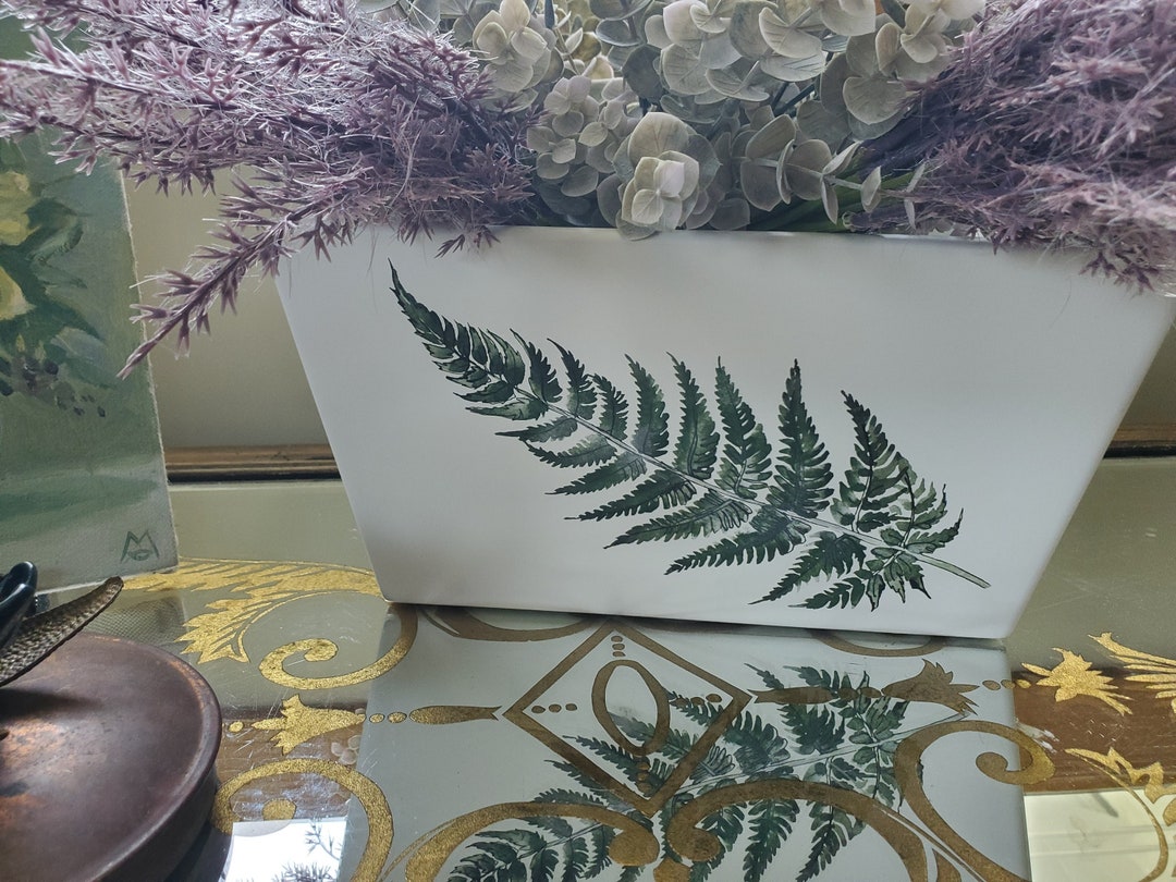 White All Wood Decor Box With Finger Holes Fern Leaf Transfer Etsy