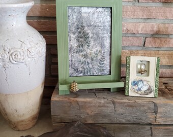 Easle for home decor, fern in the picture with pocket for treasures like the turtle olive green Easle home decor, turtle not included