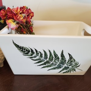 White wooden box, handmade, all wood, with finger holes, fern leaf transfer on one side. Home decor, organization and decorating