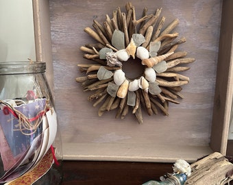 Sea Glass, Beach Driftwood wreath framed in Driftwood Box
