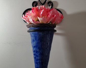 Blue Ceramic Vase Handmade, pressed into shape for flowers or plants, has a drain hole Hanger is wrought iron, with a circle to hold a vase